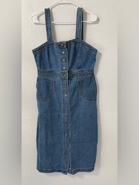 Denim Button-Front Midi Dress with Straps